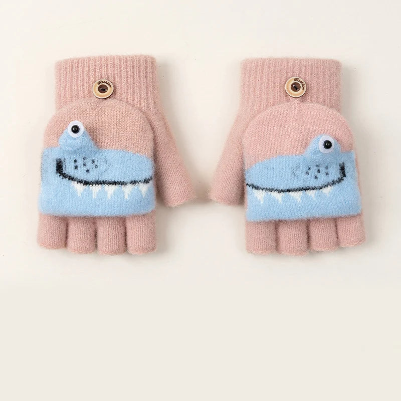 Kids Knitted Alligator Writing Gloves | Warm Winter Fingerless Gloves
