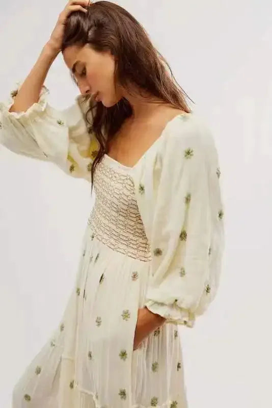 Boho Floral Embroidery Maxi Dress for Women | Casual Fashion