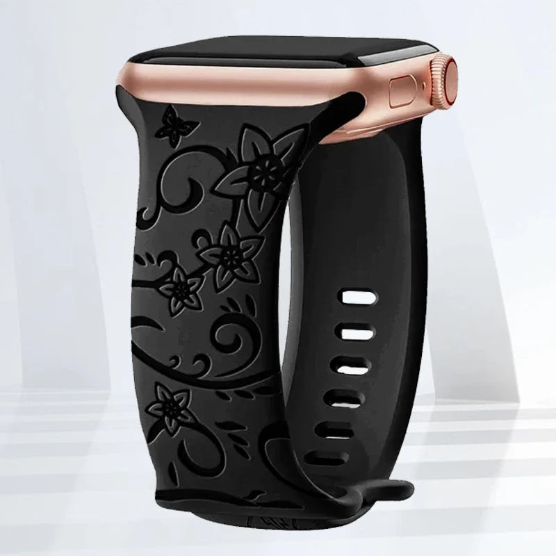 Floral Engraved Silicone Strap | Elegant Replacement Band for Apple Watch