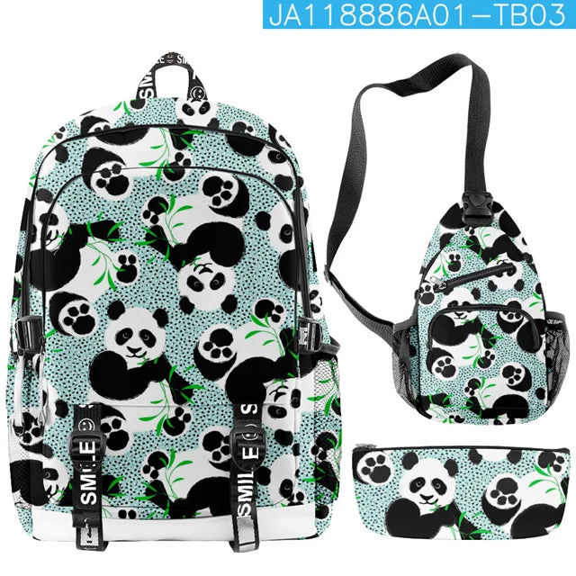 3-Piece Cartoon Panda School Backpack Set for Students