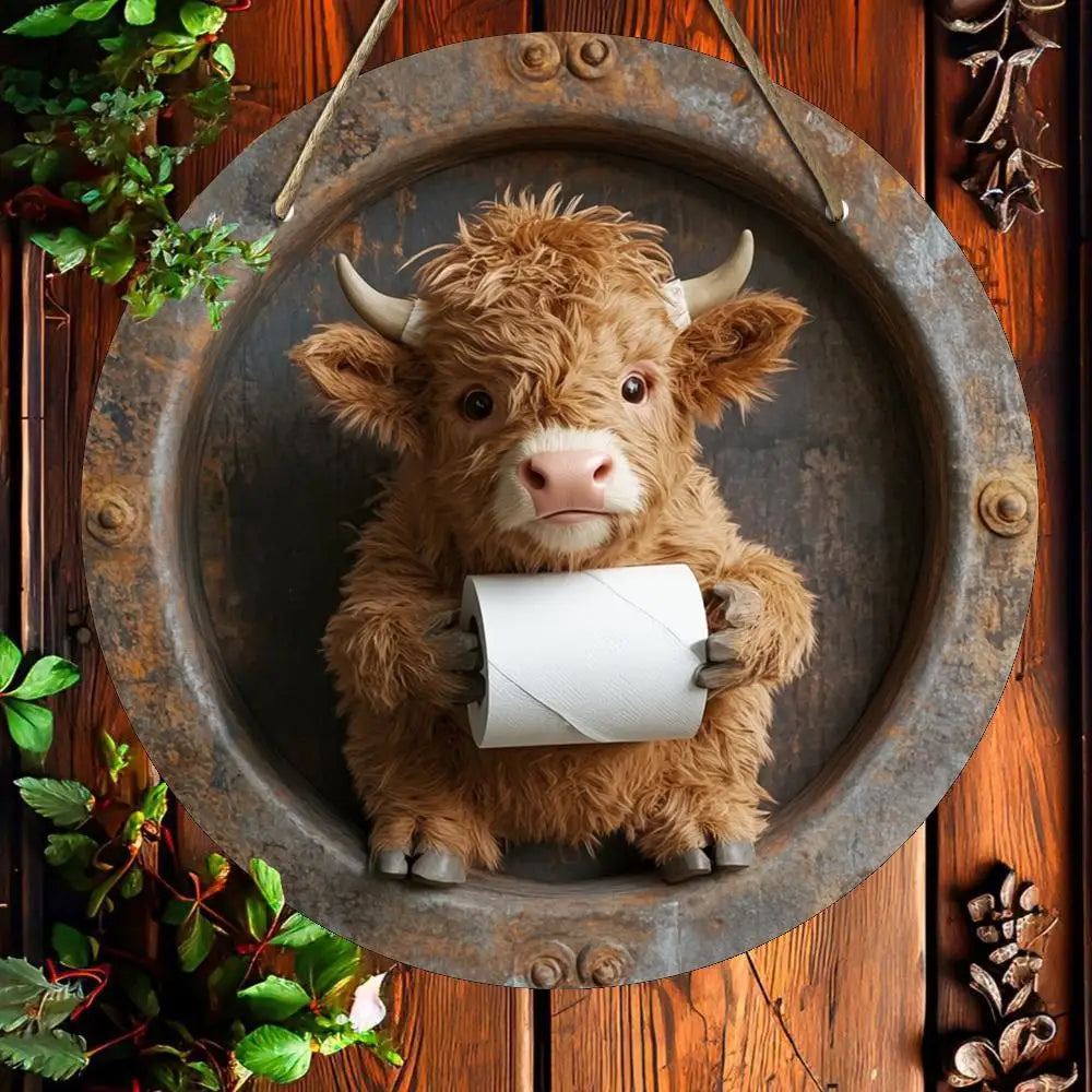 Highland Cow Bathroom Humor Wooden Sign | Rustic Wall Art