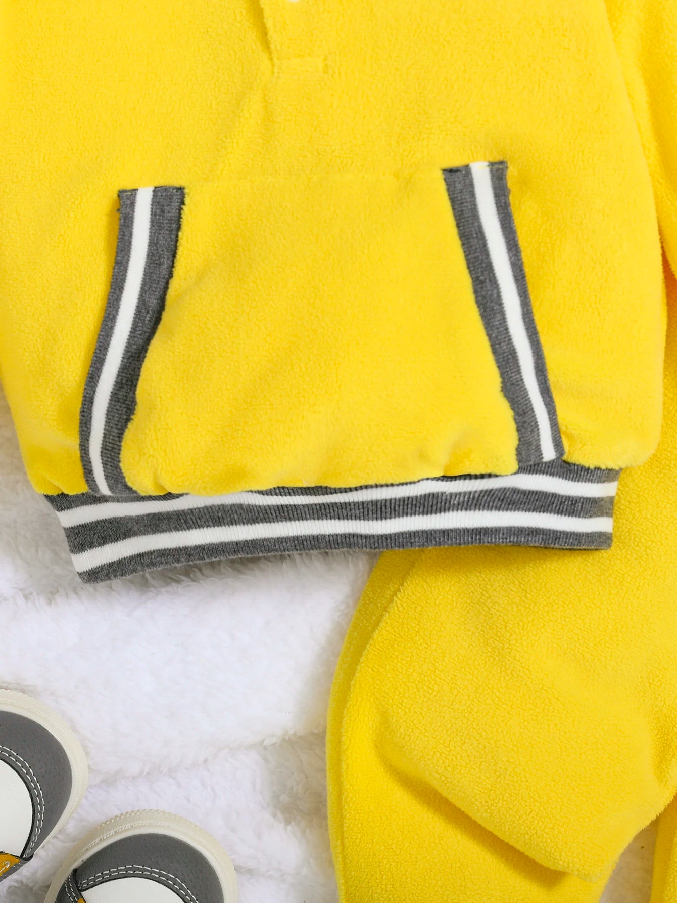 Bright Yellow Coral Fleece Baby Hoodie & Cuffed Pants Set | Warm Outfit