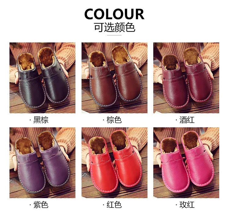 Couples Leather Plush Winter Slippers | Cozy Waterproof Shoes