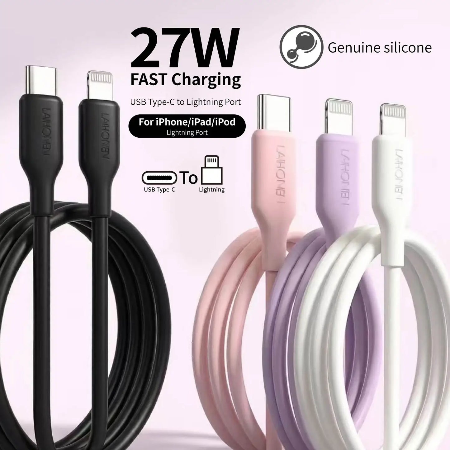 27W Fast Charging USB-C to Lightning Cable | Soft Silicone Pink Accessory