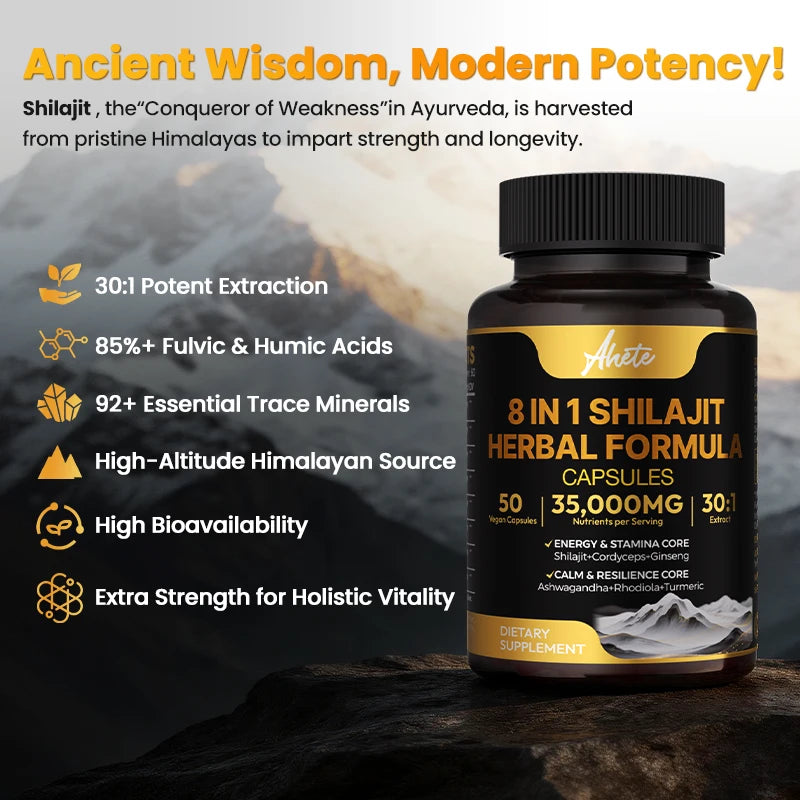 8-in-1 Himalayan Shilajit Capsules for Stress Relief & Vitality