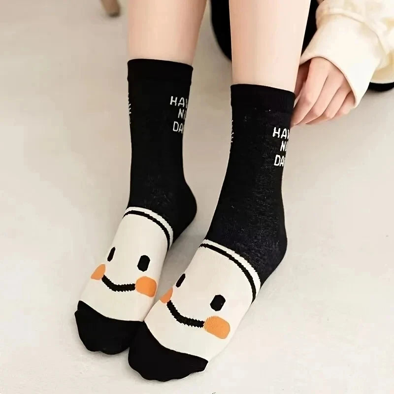 Happy Face Crew Socks - Cute Cartoon Cat Mid Tube Socks for Women