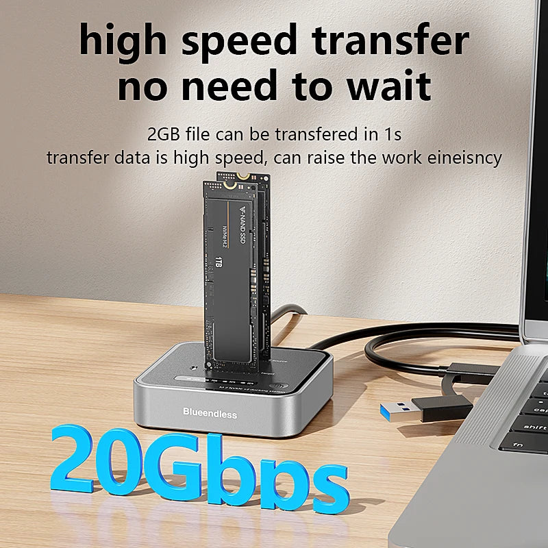 Dual-Bay M.2 NVMe SSD Cloning Dock | Fast USB 20Gbps Reader