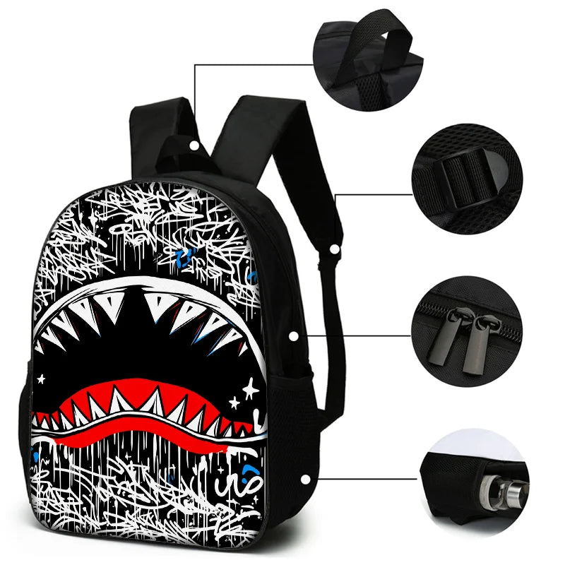 3pcs Shark Graffiti Pattern Backpack Set | Lightweight Travel Bags