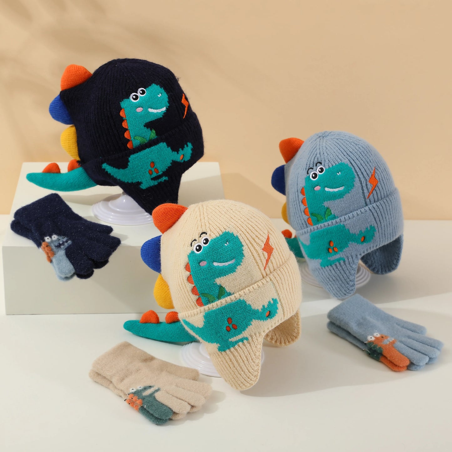 Kids Dinosaur Knitted Beanie & Glove Set | Warm Winter Essentials