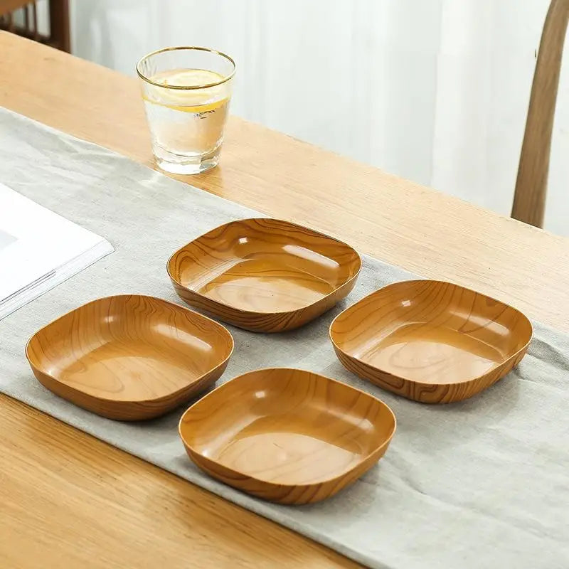 Wood Grain Plastic Square Plate Set | Stylish Dinnerware Collection