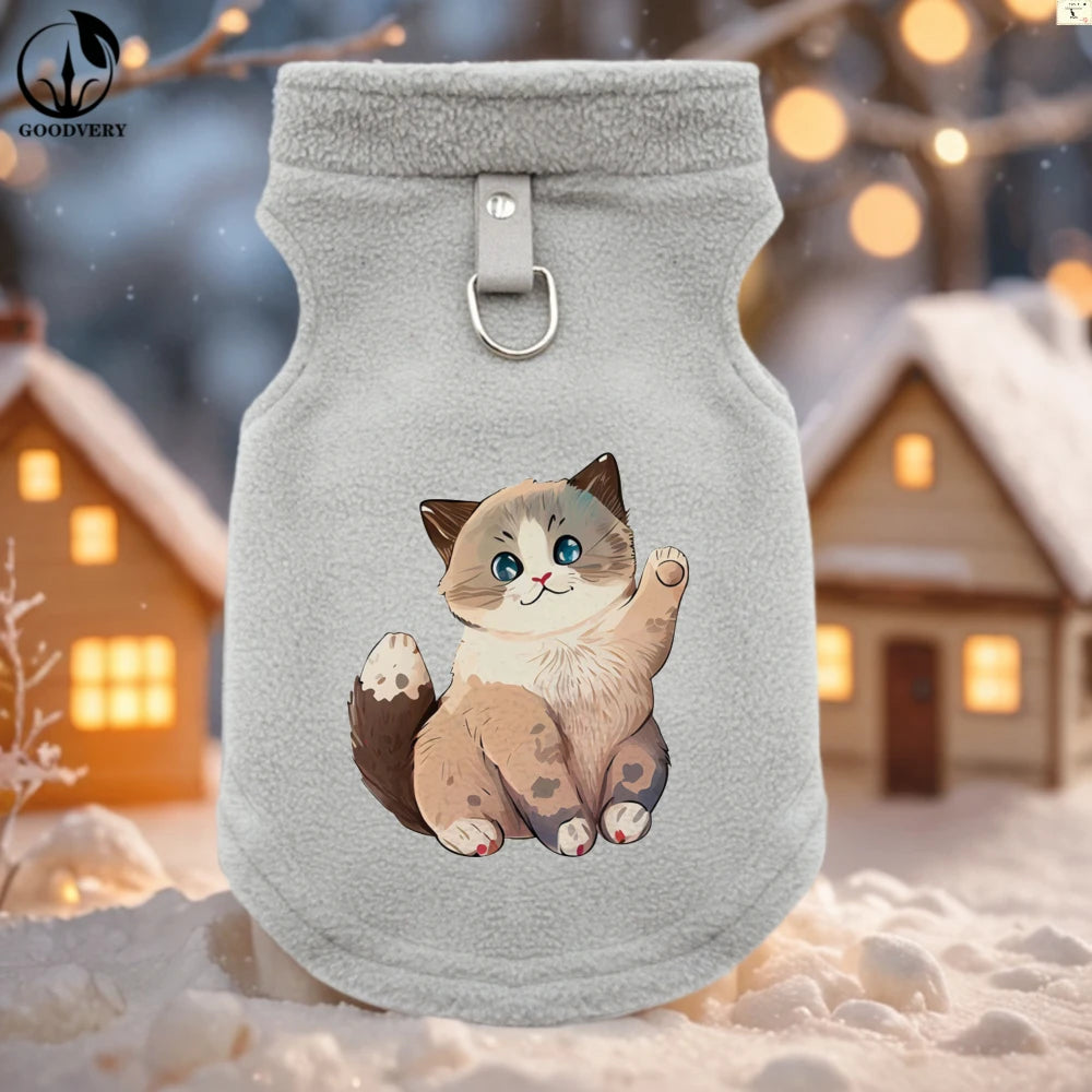 Suéter polar de invierno con estampado de gatos lindos para mascotas pequeñas
