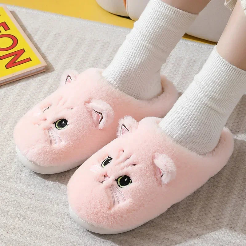 Cute Cat Fluffy Platform Slippers | Furry Plush Indoor Shoes