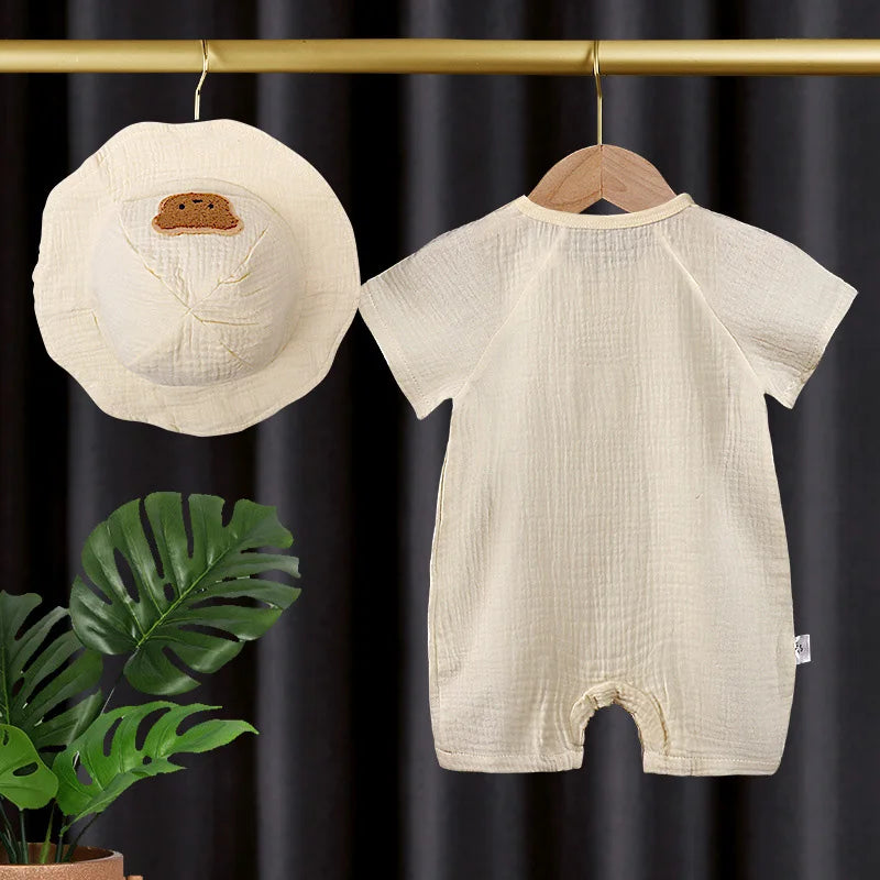 Cute Bear Muslin Baby Romper Hat Set | Ideal for Summer Comfort