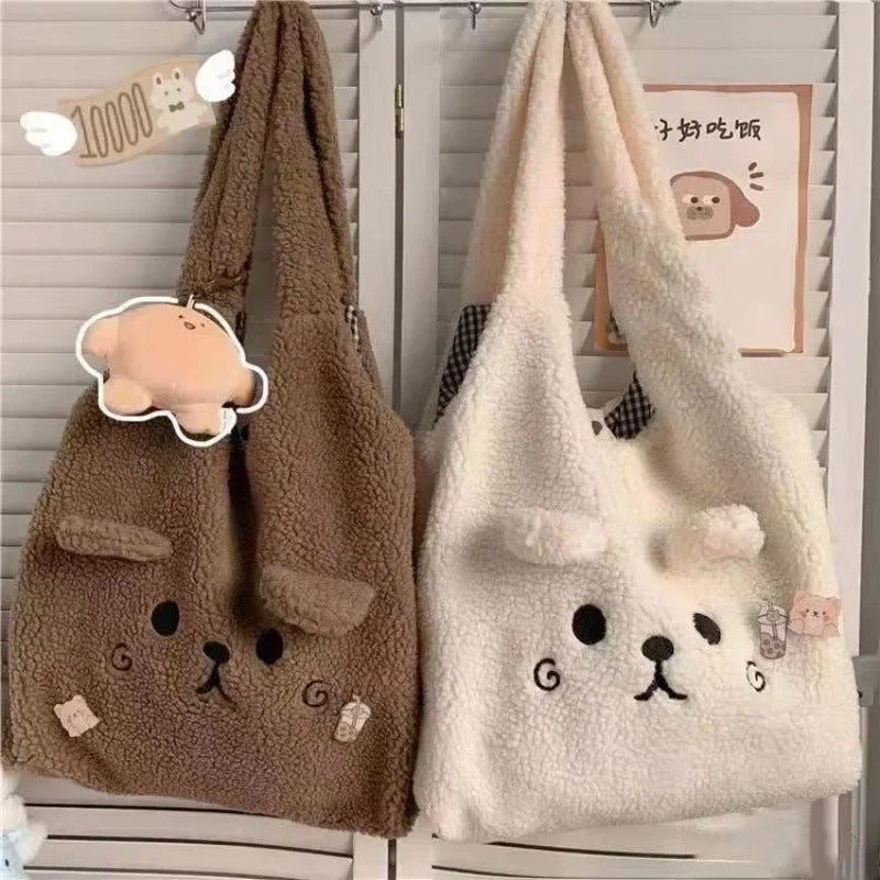 Winter Soft Plush Tote Bag for Women | Stylish Cartoon Embroidery