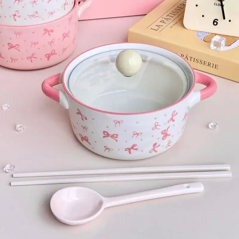 Bol de cerámica con tapa para fideos, diseño de lazo rosa | Adorable tazón para sopa