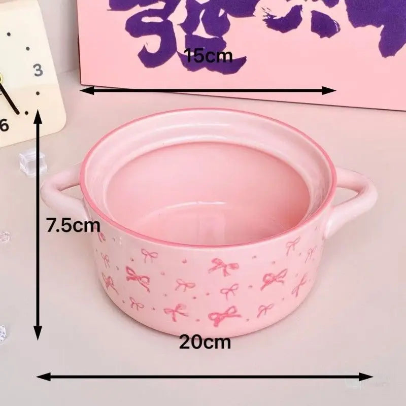 Bol de cerámica con tapa para fideos, diseño de lazo rosa | Adorable tazón para sopa