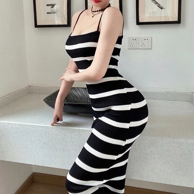 Summer Sexy Knitting Sleeveless Dress | Vintage Striped Bodycon Midi