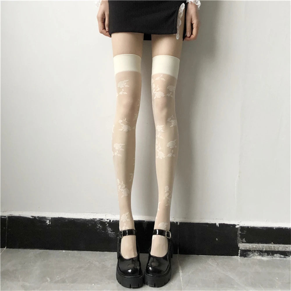 Elegant Black Rose Embroidery Long Socks | Women's Knee Highs