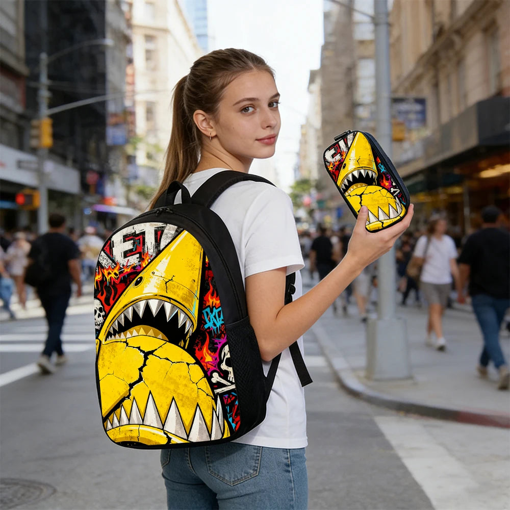 Trendy Shark Graphic Backpack Set | Perfect for School & Daily Use
