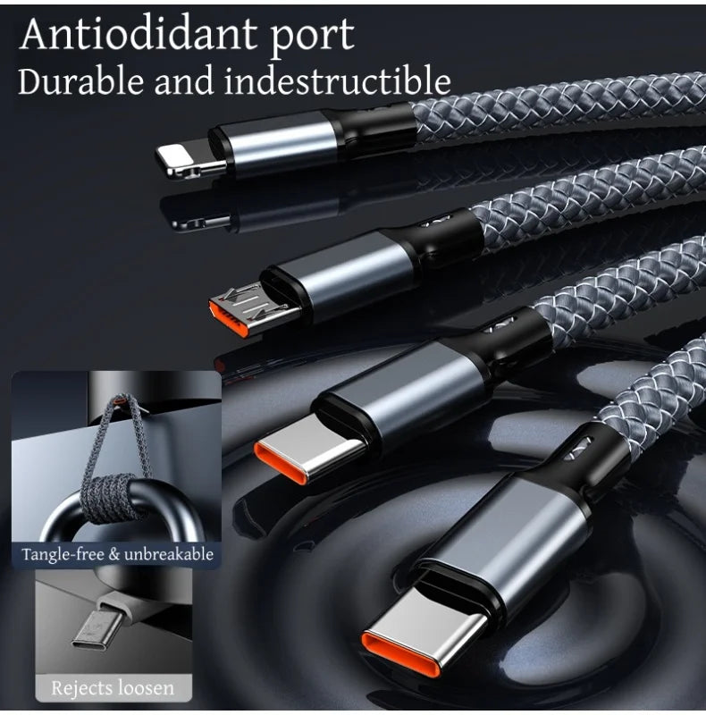 4-in-1 Multifunctional Charging Cable Supports USB-A to USB-C, Micro USB, and Braided Cables for Charging Multiple Devices