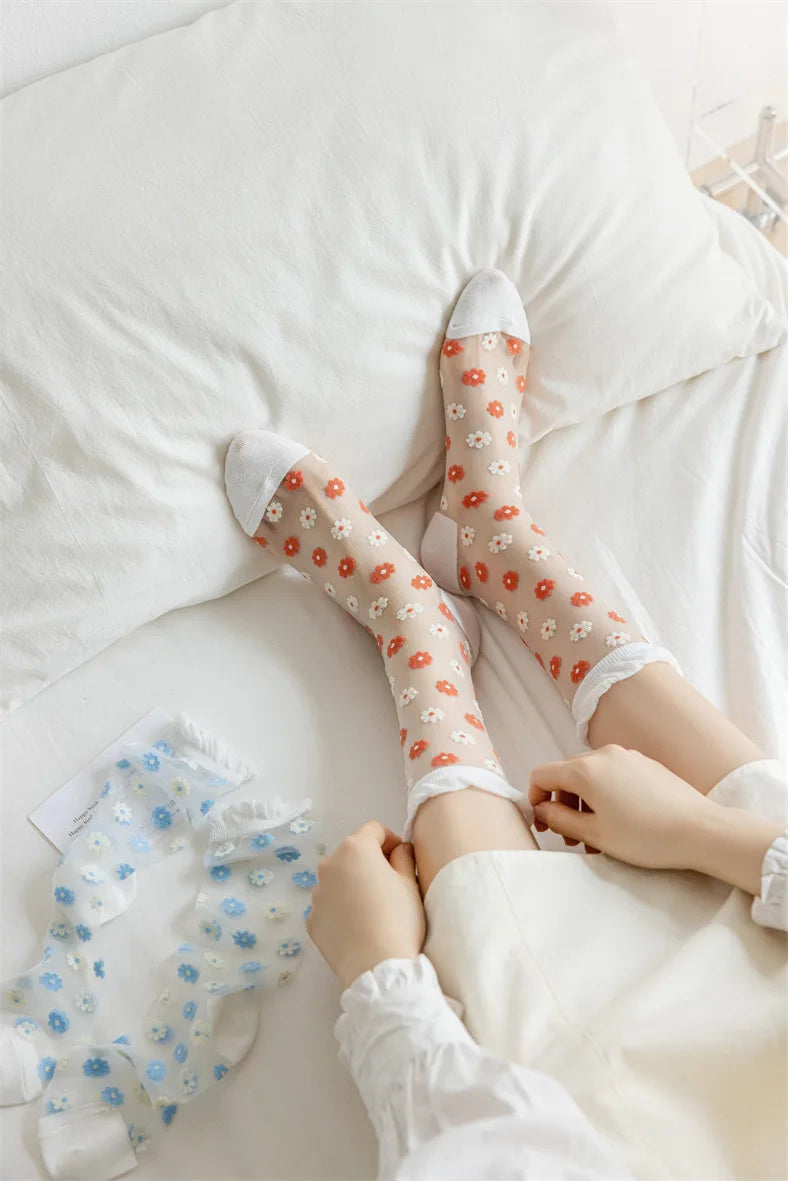 Floral Print Women's Socks | Thin Transparent Summer Socks
