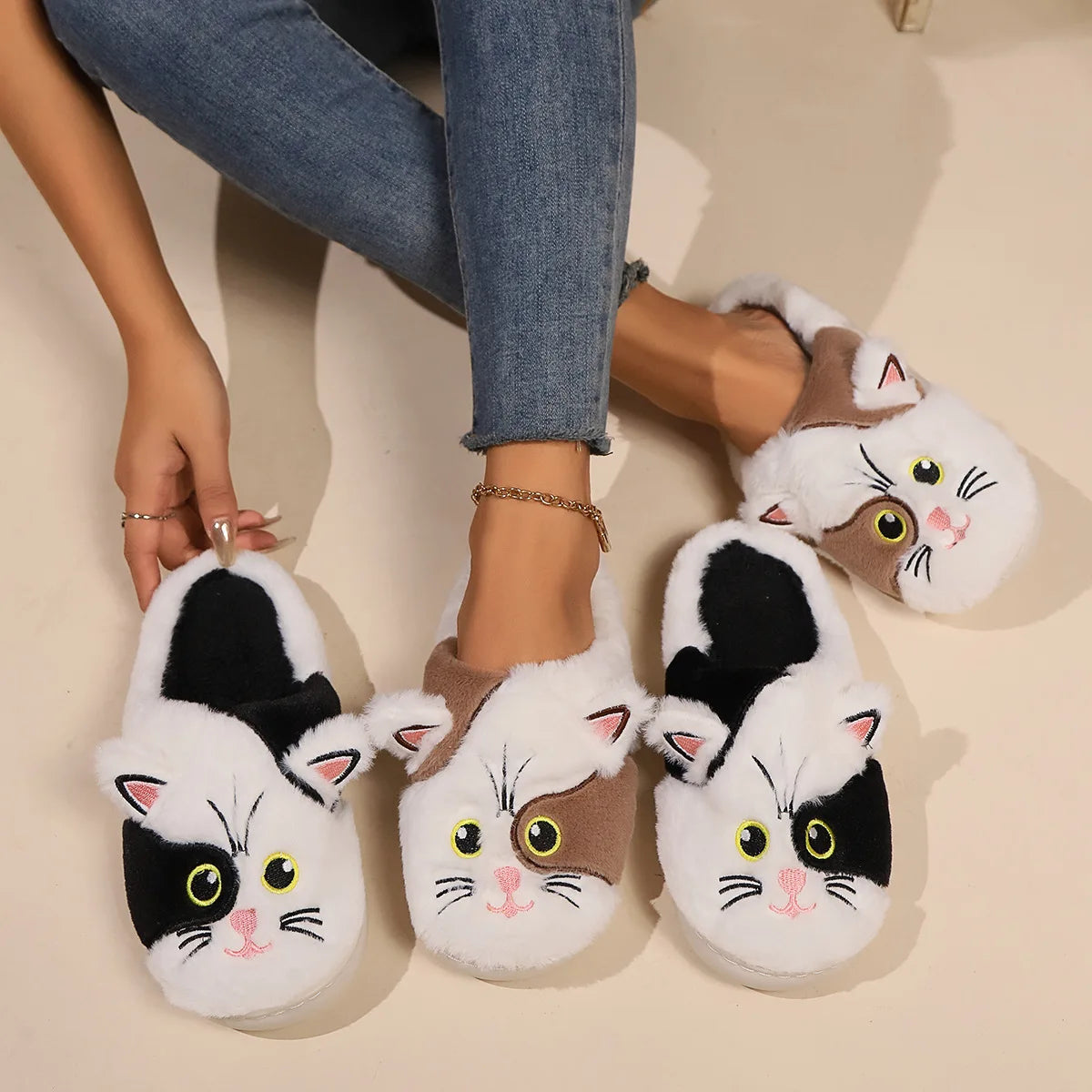 Kawaii Cat Plush Slippers for Women | Cozy Winter Home Shoes