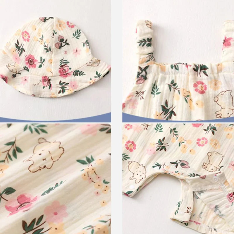 Summer Baby Girls Romper with Hat | Adorable Cherry Bear Design