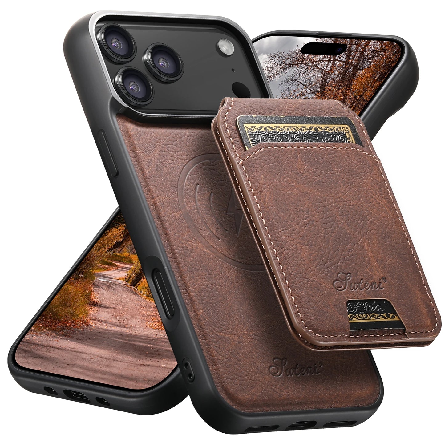 SUTENI Wireless Charging Phone Case Magnet Card Holder Stand Faux Leather For iPhone 17 Pro Max 16 Plus 15 14 13 12