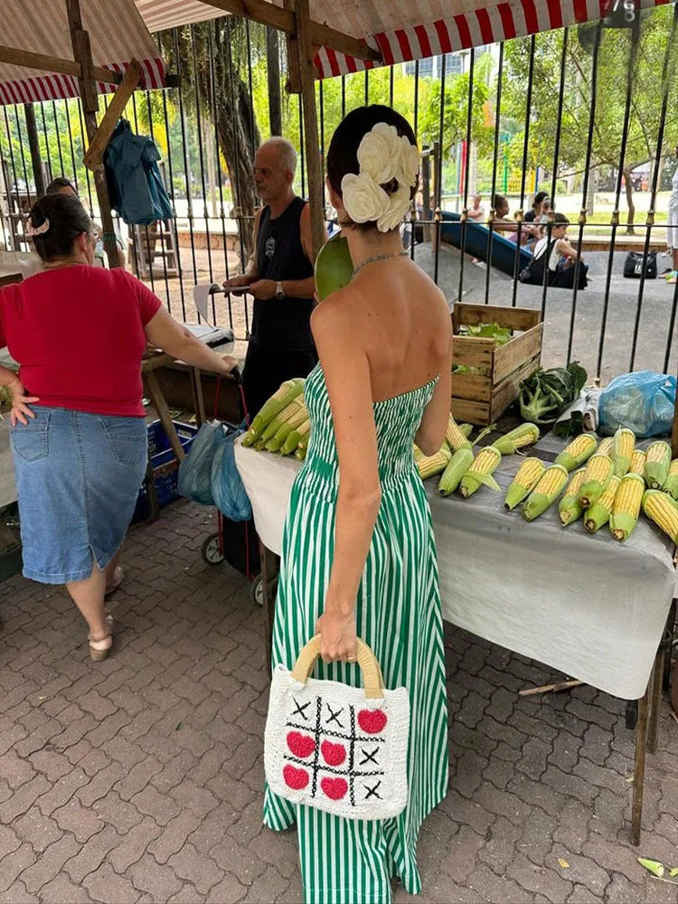 Elegant Green Striped Off Shoulder Maxi Dress for Women
