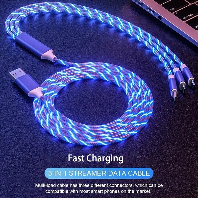 Light Emitting Cable, Mobile Phone Charging Cable, Fast Charging Data Cable, Light Emitting, Suitable for iPhone Micro USB Type C Charger Cable, Three in One LED Fast Charging Cable