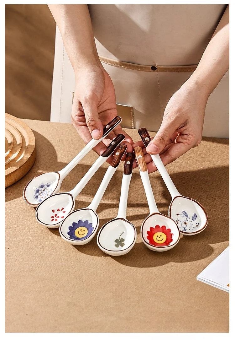 Cuchara de cerámica linda para sopa | Accesorio de cocina estilo japonés Kawaii