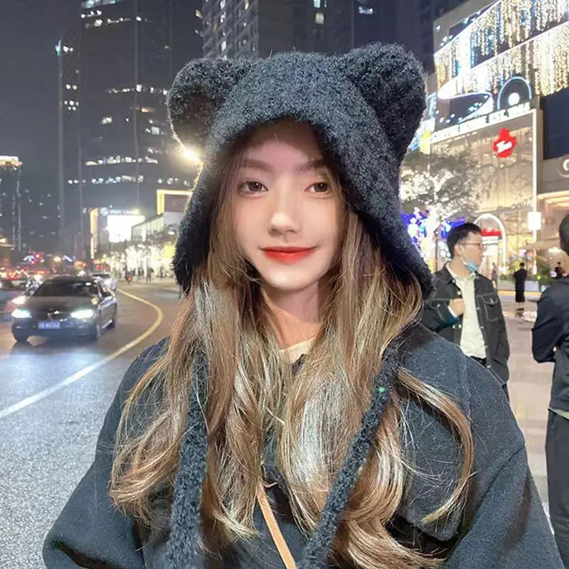 Women's Cute Bear Ear Plush Beanie | Cozy Winter Bomber Hat