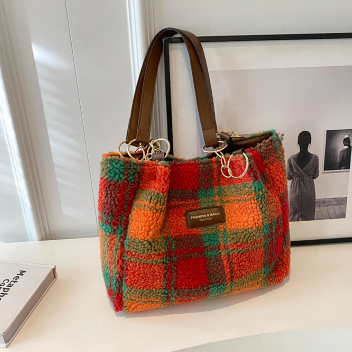 Stylish Red Plaid Plush Tote Bag | Versatile Fashion Shoulder Bag