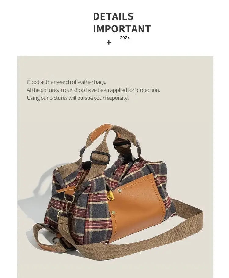 Large Capacity Burgundy Plaid Handbag | Convertible Shoulder Backpack
