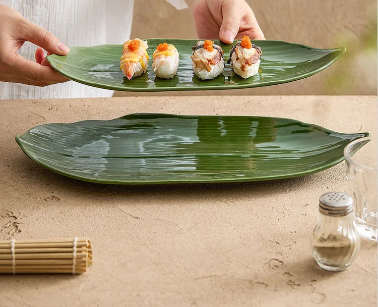 Elegant Green Bamboo Leaves Ceramic Sushi Plate for Desserts