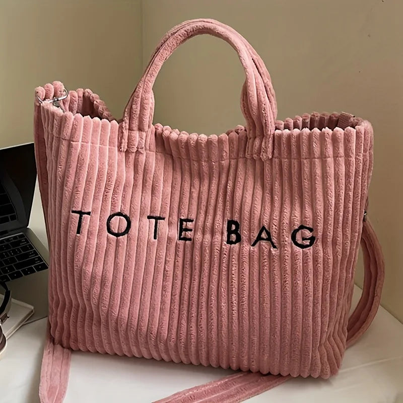 Bolso de mano de terciopelo a rayas de gran capacidad | Bolso tote elegante y versátil