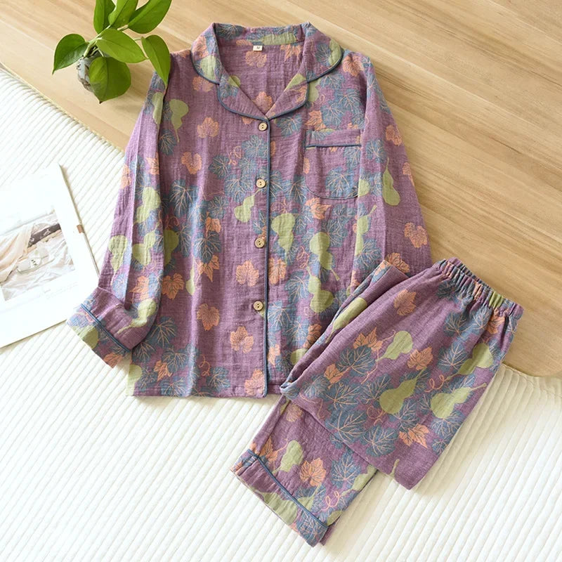 2026 Japanese Spring and Autumn New Women's Pajama Set 100% Cotton Vintage Long sleeved Pants Two Piece Set for Home Furnishings