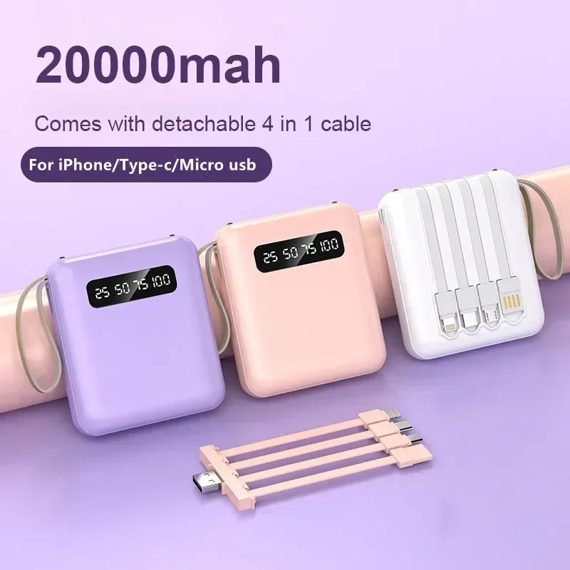 High-Capacity Mini Power Bank with LED Display & Built-in Cable
