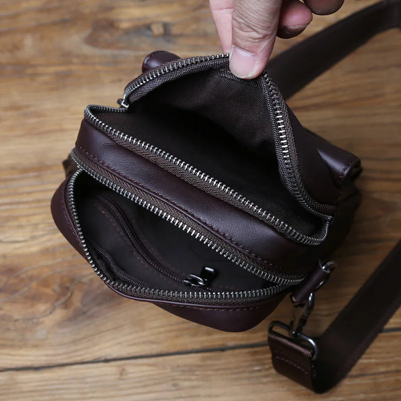 NZPJ Vintage Genuine Leather Men's Shoulder Bag Natural Cowhide Crossbody Bag Casual Small Backpack Suitable for 8-inch iPad