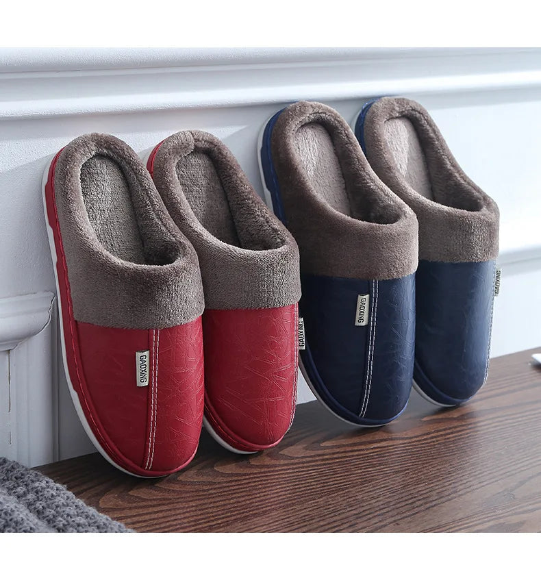Men's Warm PU Leather Plush Slippers | Cozy Waterproof House Shoes