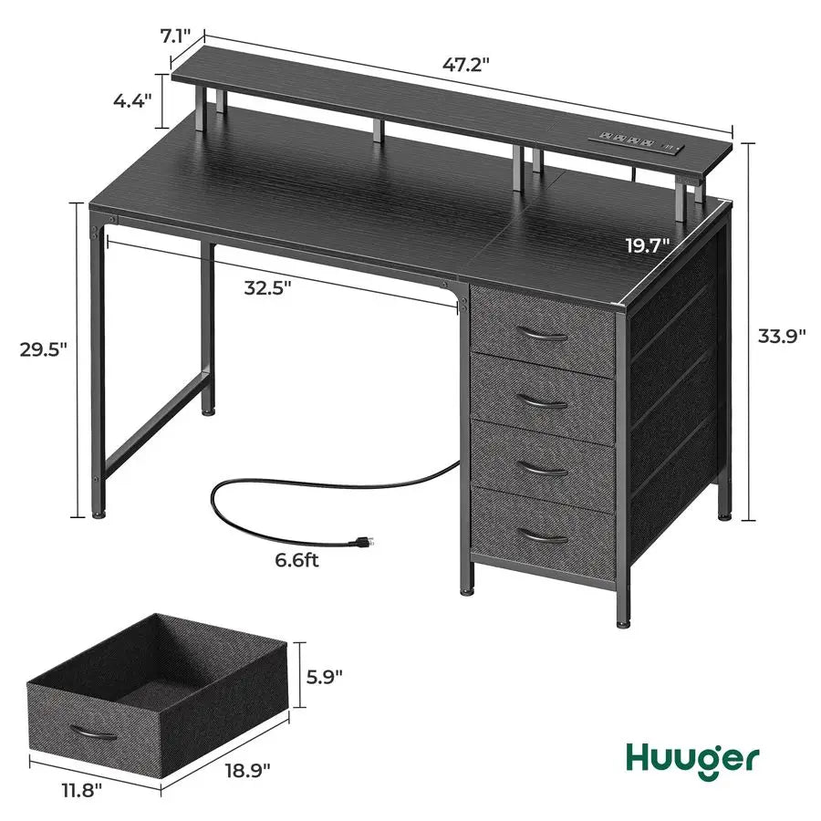 47 Inch Computer Desk with LED Lights & Power Outlets | Gaming & Office Use