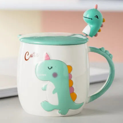 Dinosaur Cartoon Ceramic Mug with Lid & Spoon | Fun Breakfast Cups