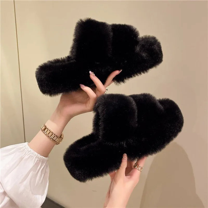Cozy Plush Fluffy Platform Fur Slippers for Women | Anti-Slip Warmth