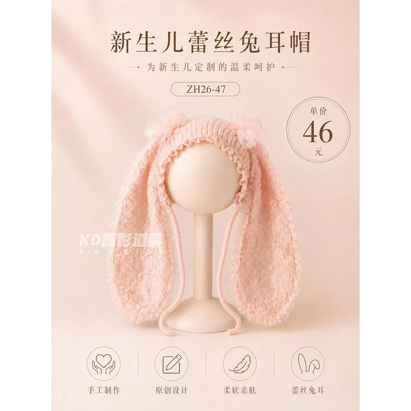 Newborn Photography Bunny Ear Hat Baby Crochet Rabbit Bonnet Soft Lace Knit Cap Infant Photo Props for Baby Boy Girl Photoshoot