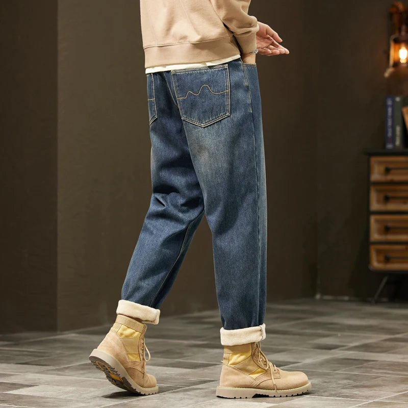 Men's Retro Loose Winter Fleece Jeans | Warm Plush Velvet Pants