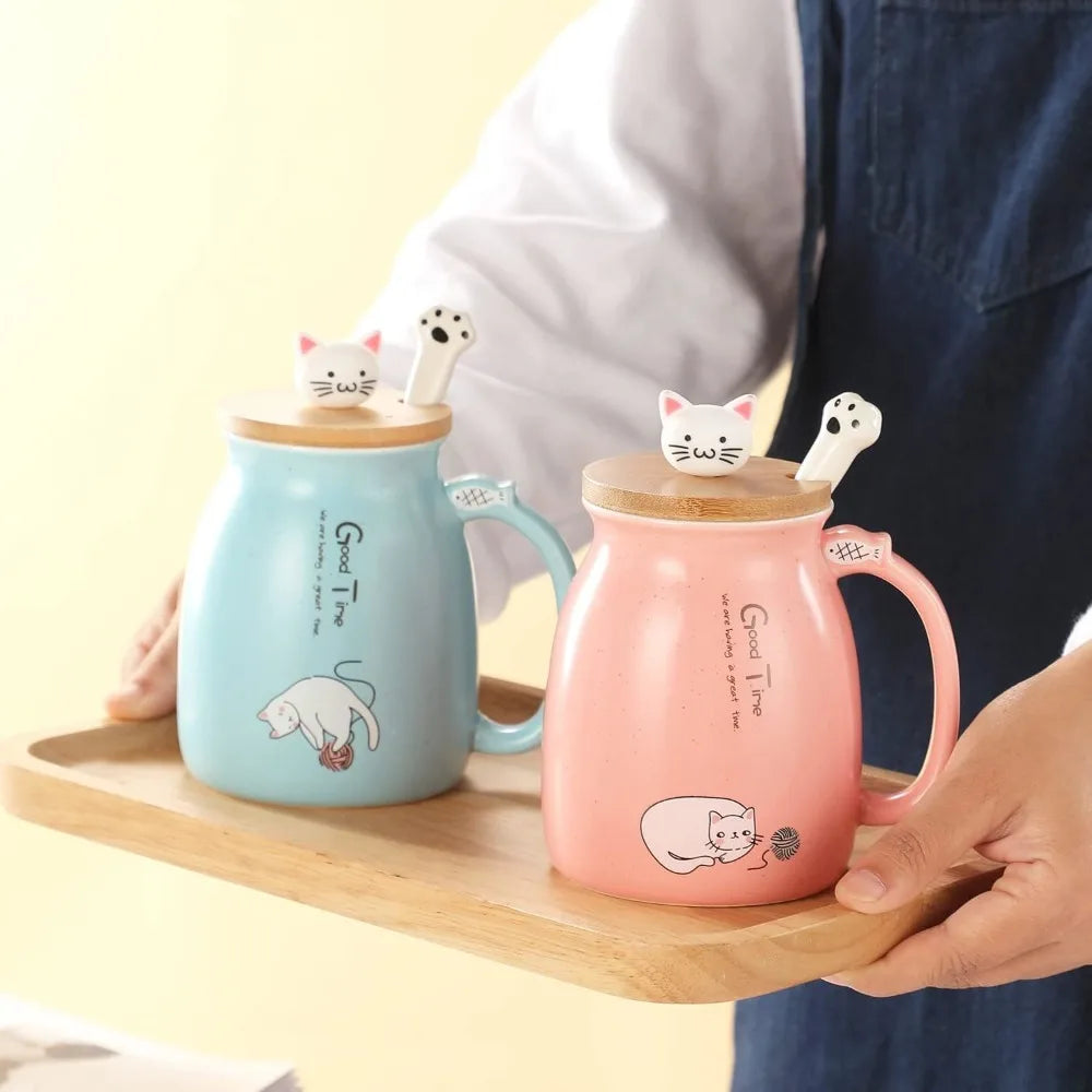 Cute Cat Water Cup | Adorable Ceramic Mug with Lid & Spoon
