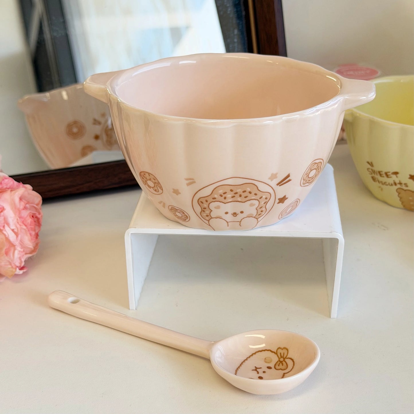 6.2in Cute Animal Double-ear Bowl with Spoon | Versatile Dining Bowl