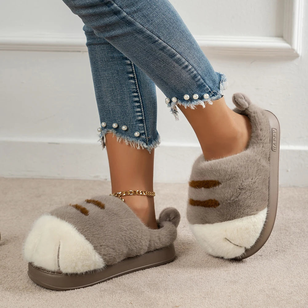 Cute Cat Paw Plush Slippers | Cozy Furry Winter Indoor Shoes