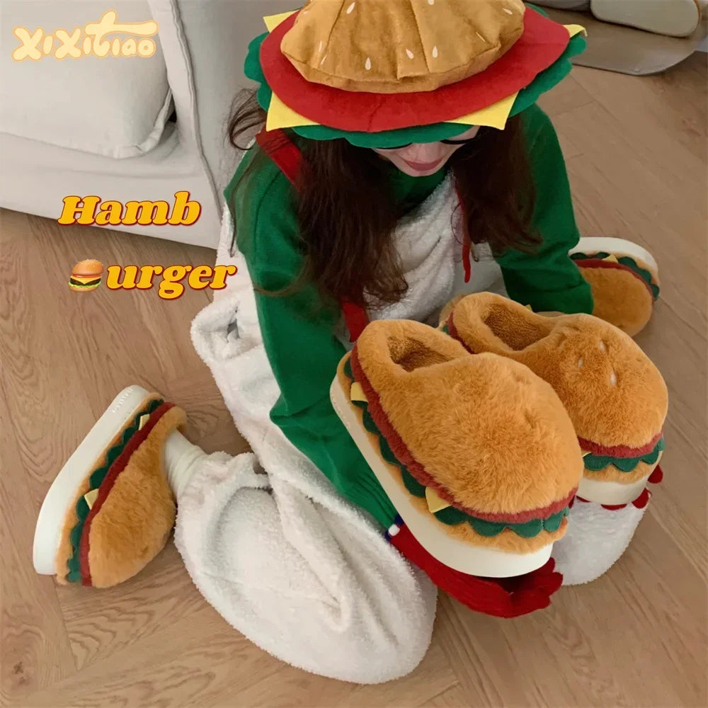 Cute Hamburger Plush Slippers | Warm & Cozy Indoor Footwear