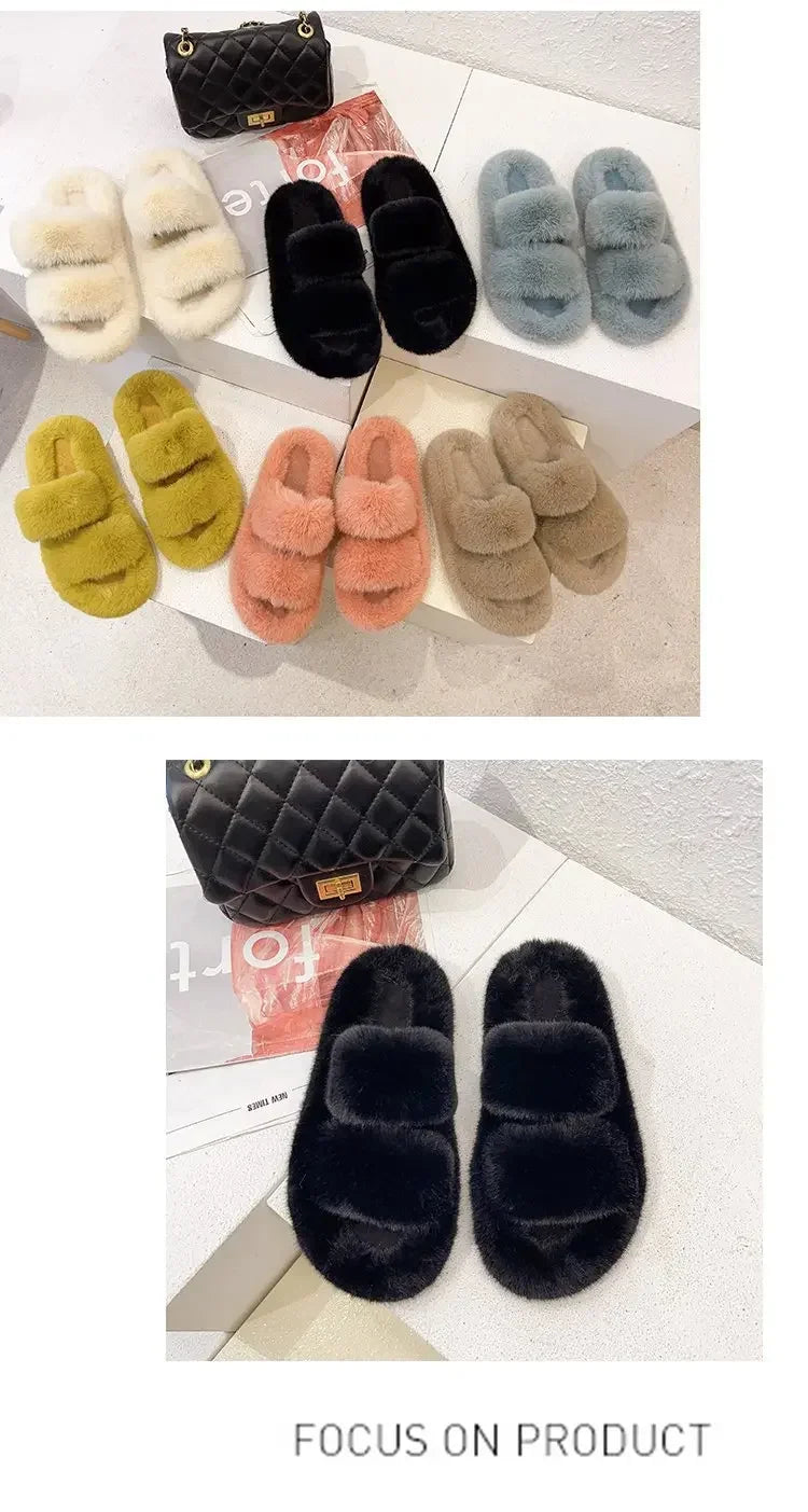 Cozy Double Fur Cross-Strap Plush Slippers | Warm Indoor Footwear